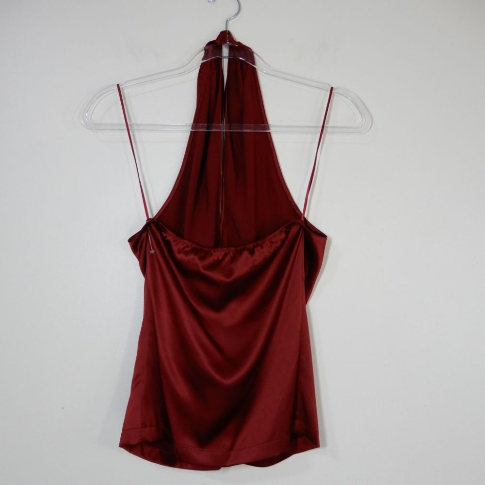 Theory Ertil Cross Front Halter Top Size P Stretch Satin SILK Red Dahlia NEW - Picture 8 of 12
